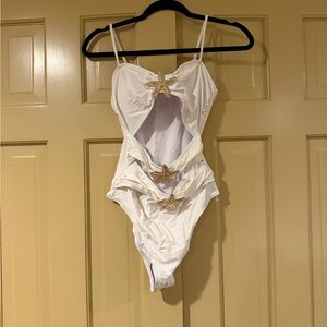 SHEIN White One Piece Swimsuit with Gold Starfish Accents